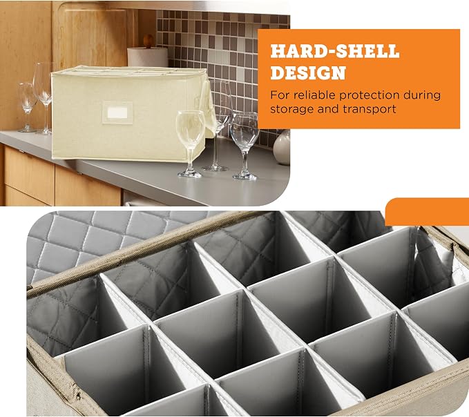 storageLAB Wine Glass Storage Case | Hard Shell Felt Dividers | Cream | Hard shell case holds 12 wine glasses in 4x4 felt compartments. Stackable, top-load, label tag. Cream linen finish.