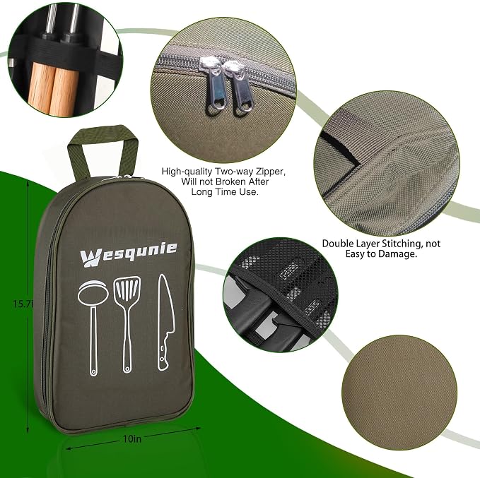 Wesqunie Silicone Cooking Utensils Set, Cookware Set for Outdoor Camping | Portable Camping Essentials, Stainless Steel Cookware Kit, Compact Storage for Camper, RV, Outdoor Picnic Grill Cooking