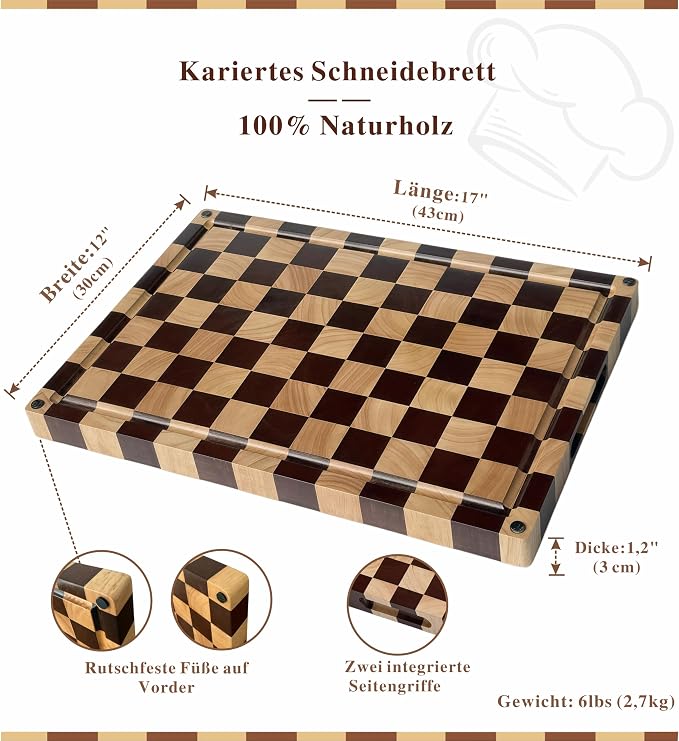 Checkered End Grain Cutting Board with Juice Groove & Handle | 17" x 12" x 1.2" Thick | Acacia & Rubber Wood | Reversible End Grain | Juice Groove | Meat, Bread & Vegetable Prep