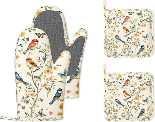 Butterfly Bird Vintage Heat-Resistant Silicone Oven Mitts and Pot Holder 4 Piece Set,Non-Slip Kitchen Oven Gloves for Baking, BBQ, Cooking,Grilling