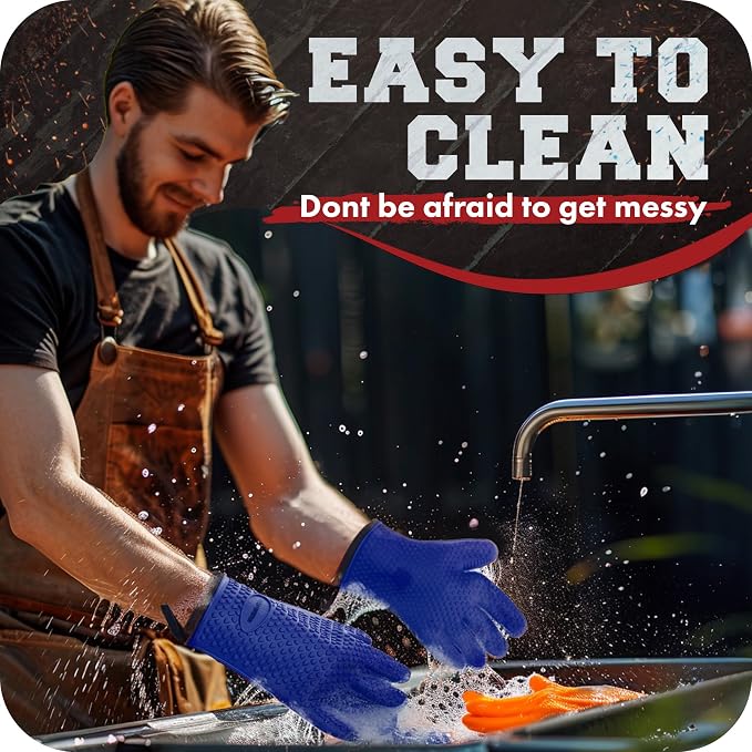 KITCHEN PERFECTION XL Silicone Smoker BBQ Gloves -Heat Resistant Oven Mitts | Waterproof, 5-Finger Design For A Better Grip, for Pitmasters, Meat Smoking, Grilling, Cooking, Frying Turkey | Grill Gift