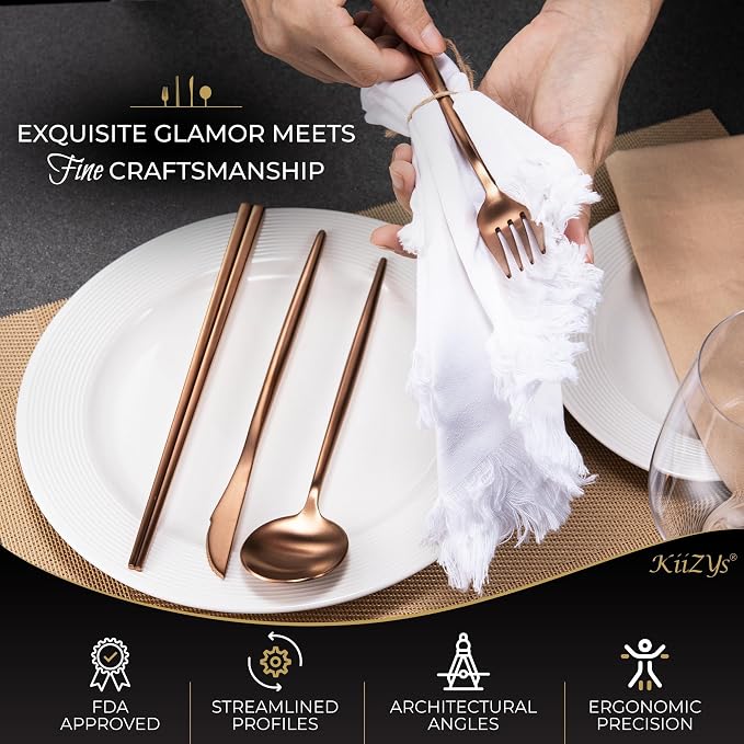 Matte Copper Flatwqare Set Korean Chopsticks - 16-piece KiiZYs Kitchen Utensil Set Stainless Steel Silverware - Modern Dinnerware Spoon Fork Knife Cutlery Housewarming Gift Box (Matte Copper, 4 Sets)