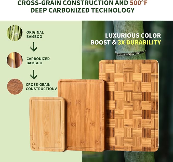 BAMBANG Bamboo Cutting Board for Kitchen with Juice Groove, End-Grain Butcher Block Chopping Boards, Checkered Wooden Cutting Boards Set of 3 with Stand, Knife-Friendly, Serving Tray