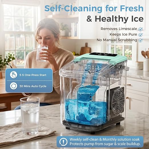Countertop Ice Maker, Portable Ice Machine with Carry Handle Basket and Scoop, 9 Bullet Cubes Ready in 6 Mins, 26lbs Daily, Self-Cleaning for Home, Kitchen, Camping, RV