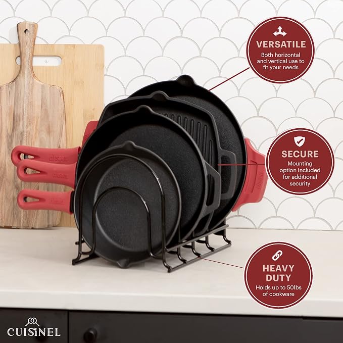 Cuisinel Pan Organizer for Cast Iron, Silicone-Coated 12" Skillet Rack
