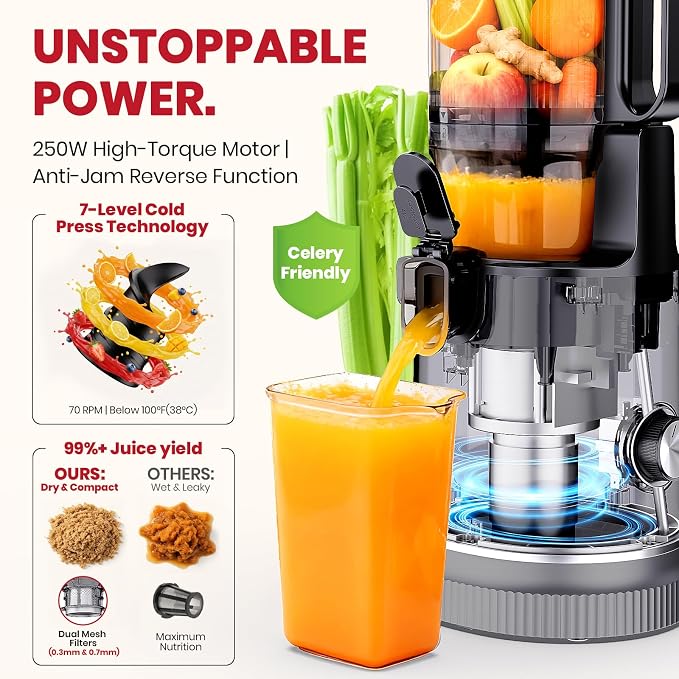 Laudlife Cold Press Juicer with 5.9" Wide Feed Chute, Integrated 100oz Capacity Hopper & Strainer Design, Easy Clean & BPA Free, Slow Masticating Juicer Machines for Whole Fruits Vegetables