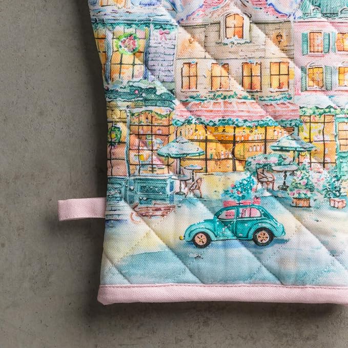 Maison d'Hermine Oven Gloves 100% Cotton Oven Mitt (7" x 13", Pack of 1) | With Loop Heat Resistant BBQ Cooking Gloves Baking Kitchen Handling Hot Pans Thanksgiving Christmas - Christmas Market - Pink