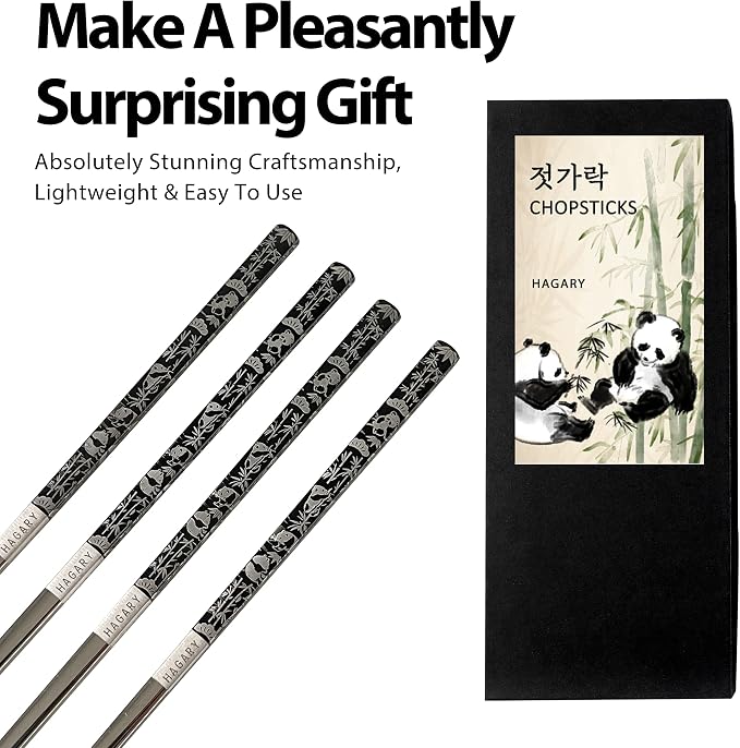Hagary Panda Black Chopsticks Metal Chopsticks Reusable Designed In Korea Japanese Style Stainless Steel 316 18/10 Non-Slip Dishwasher Safe (Black - 2 Pairs)