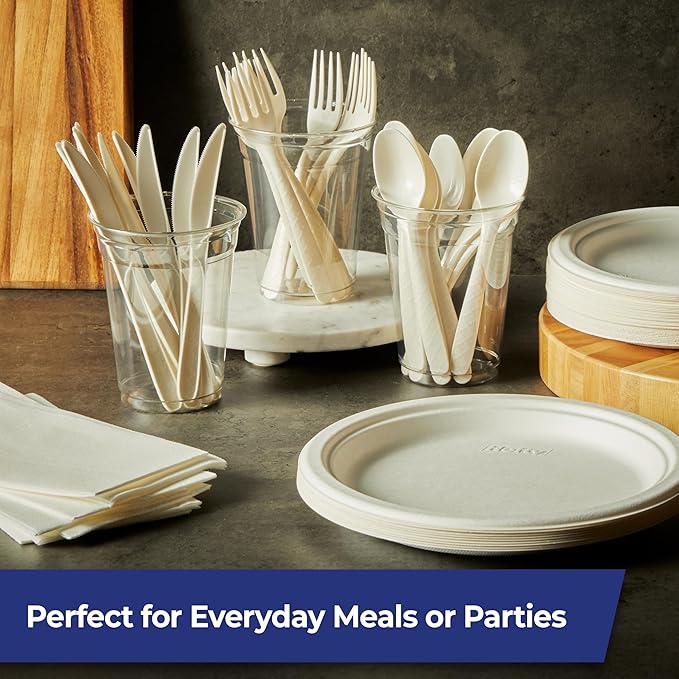 Hefty ECOSAVE Compostable Assorted Cutlery Set, Utensils for BBQs, Tailgates, Camping, Parties, & More, Includes 8 Forks, 8 Spoons, and 8 Knives, Compostable, Sustainable Design, 24 Count (Pack of 8)