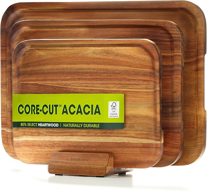Starkbear Acacia Wood Cutting Board Set of 3 with Stand, Core-Cut Non Slip Wooden Chopping Block, Sloped Juice Groove Reversible Charcuterie Serving Tray for Modern Kitchen Gift