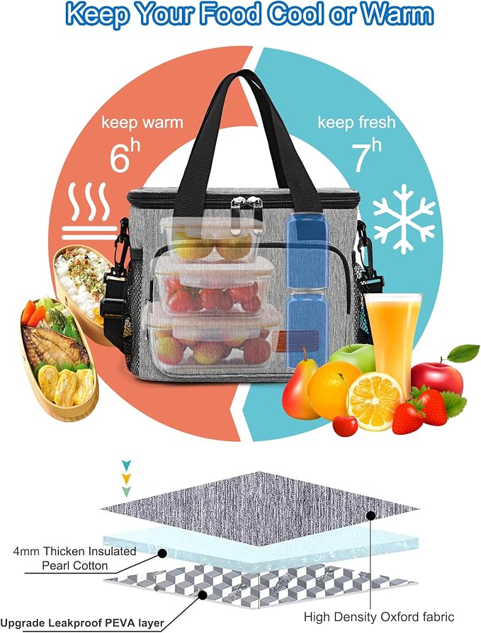 Lunch Bags for Women/Men, Insulated Lunch Bag for Work Office Picnic - Lunch Cooler Bag Leakproof Lunch Box with Adjustable Shoulder Strap - Grey(8.7L)