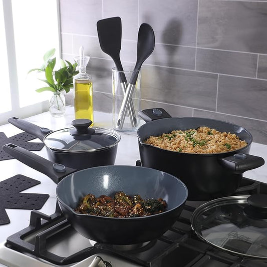 Oster SmartHandle Advance 13-Piece Ceramic Nonstick Cookware Set – Matte Black Finish, Gray Interior, Induction Base, Detachable Handles, Oven & Dishwasher Safe, With Utensils & Pan Protectors