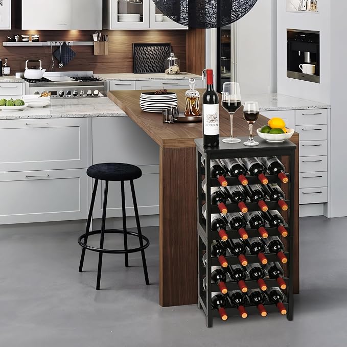 VASMIA Wine Rack Freestanding Floor, 6-Tier Display Wine Storage Shelves with Table Top, 24-Botttle Bamboo Wine Rack Shelf for Kitchen Bar Dining Room Living Room, Black