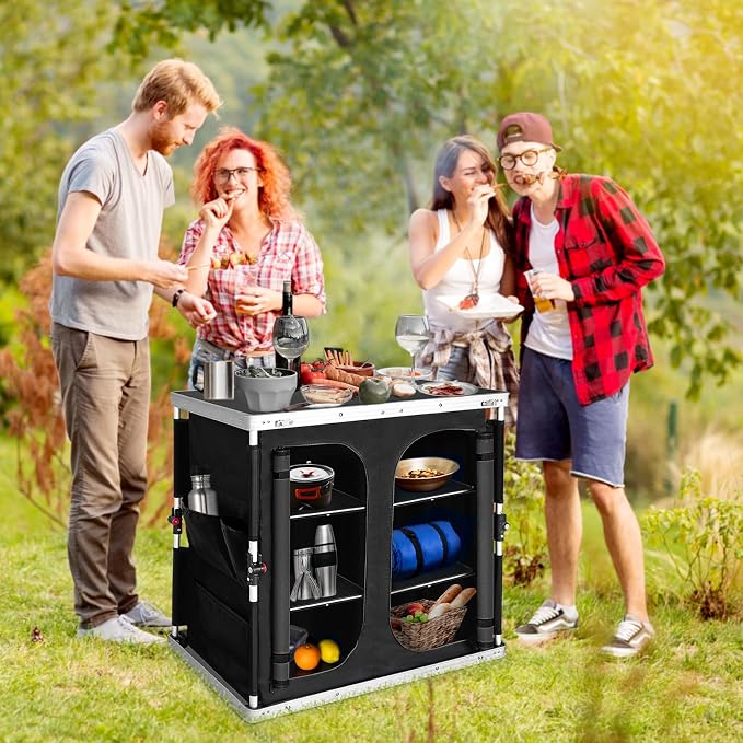EAGLE PEAK Double Folding Camping Table with Storage Organizer and Side Pockets, Portable Outdoor Portable Camping Table for BBQ, Picnic and Tailgating, Carry Bag Included, Black