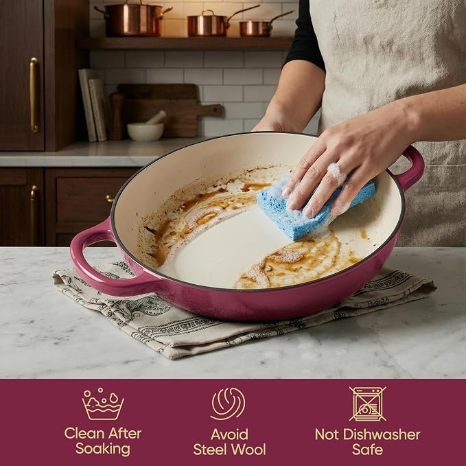 3 Quart Enameled Cast Iron Braiser, Non Stick Enameled Cast Iron Skillet with Lid, Dutch Oven Skillet with lid up to 500°F for Oven, Stove, Grill, Shallow Dutch Oven for Cook, Bake (Rose)