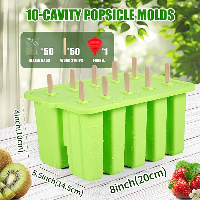 Silicone Popsicles Molds, Food Grade Popsicle Molds for Kids, Homemade Popsicle Mold, BPA Free Ice Cream Mold, lce Pop Molds Maker-with Popsicle Sticks, Popsicle Bags, Funnel (Light Green)
