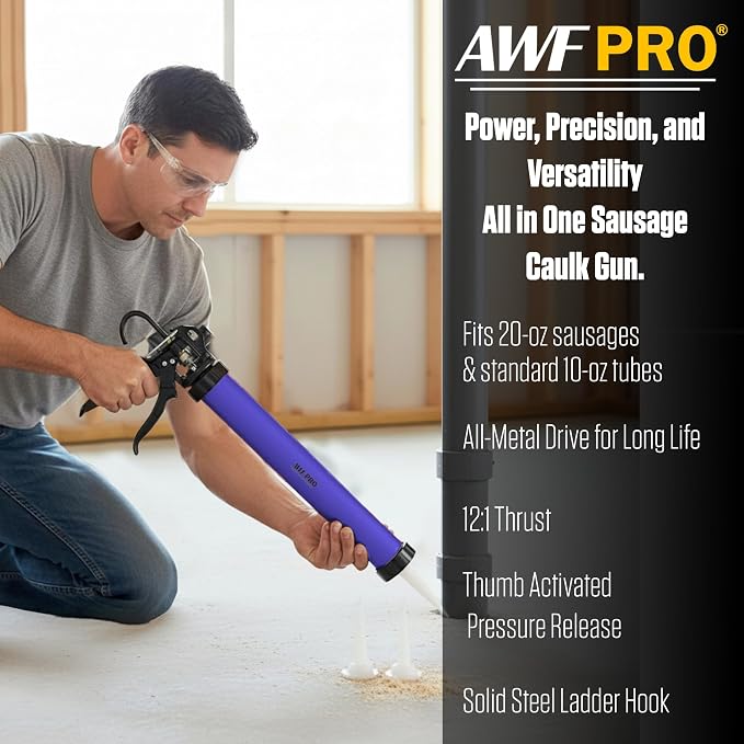 AWF PRO Sausage Caulking Gun 20 oz, 12:1 Thrust Ratio, Pack of 6 | 20 oz Foil Pack and 10 oz Cartridge Convertible, Aluminum Barrel, Includes 3 Tips