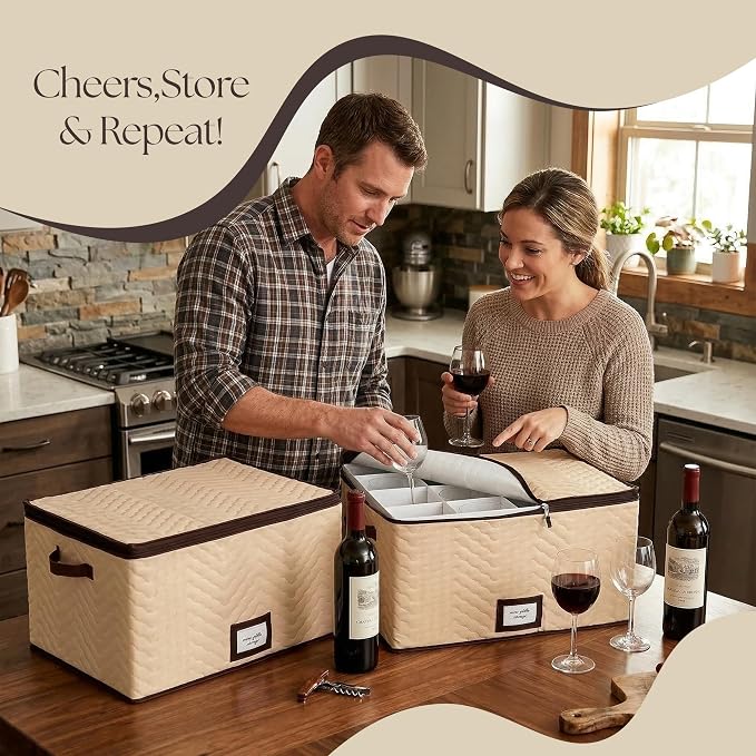 Wine Glass Storage Box with Dividers, Holds 12 Glasses up to 4.25" Wide | 2 Pack, Stemware Storage Case, Protects Fine China, Durable Quilted Microfiber, Carry Handles, Ideal for Red Wine Glass