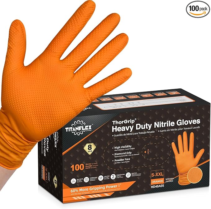 TitanFlex Heavy Duty Industrial Orange Nitrile Gloves, 8-mil, Gloves Disposable Latex Free with Raised Diamond Texture Grip, Powder Free, Rubber Glove, Mechanic Gloves,100-ct Box (Medium)