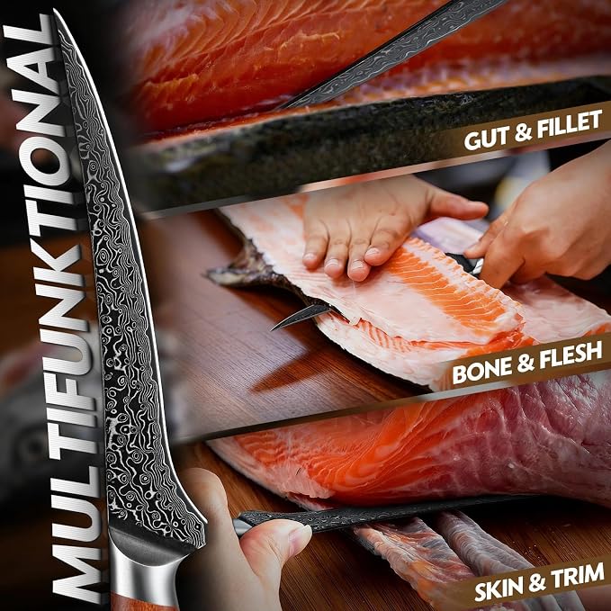 Freelander Damascus Fillet Knife with Wood Handle for Fish, Meat & Poultry | Razor Sharp 7" Filet Knife with Comfortable Grip, Mosaic Pin Design, Ideal for Skinning, Deboning & Slicing, Gifts for Men