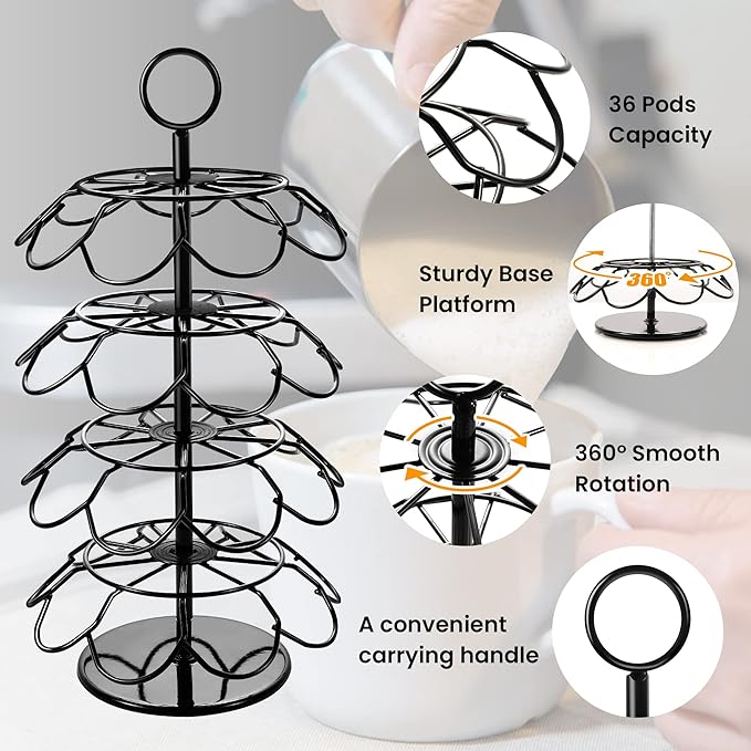 K Cup Holder, Coffee Pod Holder Organizer for Countertop, 36 K-Cup Carousel Stand Compatible with Keurig Pods, 360° Rotating 4-Tier Metal Pod Storage, Black