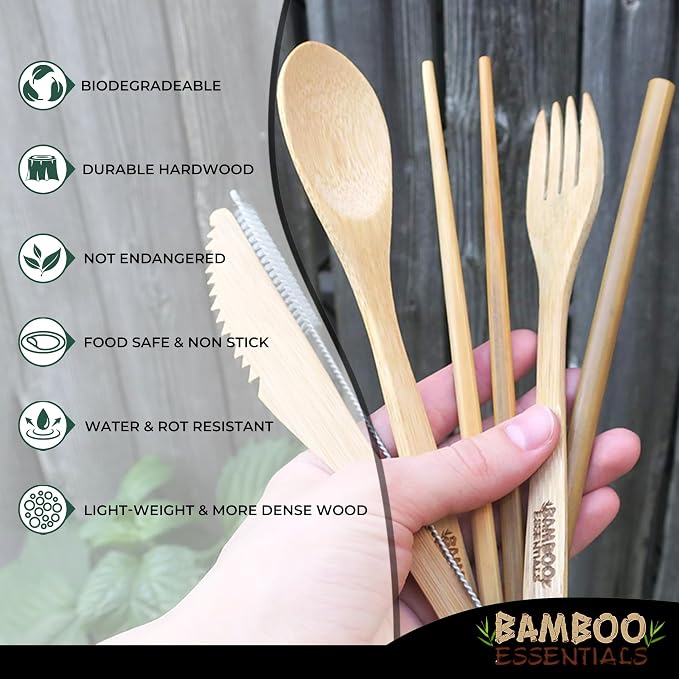 Travel Utensils with Case Set Fork, Knife, Spoon, Chopsticks, Straw, Straw-cleaning brush, Travel Pouch and Carabiner, Excellent For Everyday Use! ((1Set) Midnight Black)