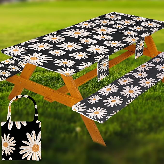 Fitted Picnic Table Cover with Bench Covers, Windproof Vinyl Table Cloths Outside Camping Cooking Backyard Furniture Seat Cushion Tablecloth Activities Party Decor Decorations Para Acampar Equipment