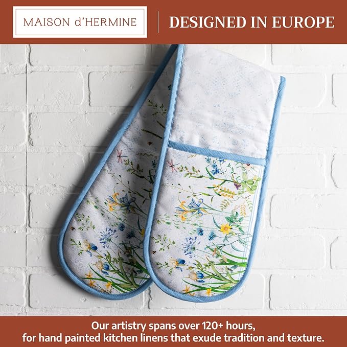 Maison d' Hermine Double Oven Mitts 100% Cotton Double Oven Glove (7"x35") | Heat Resistant BBQ Cooking Gloves with Loop Baking Grilling Kitchen Hotel Home Farmhouse Spring Summer - Fleurs De Mai