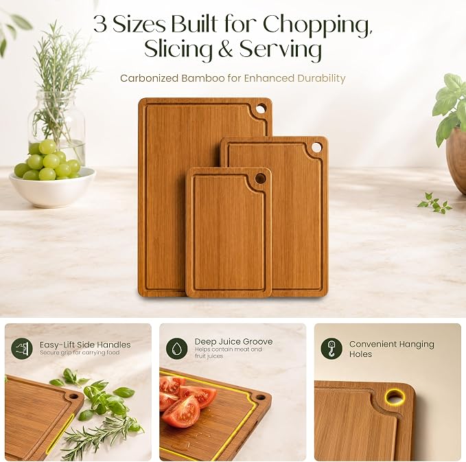 3-Piece Bamboo Cutting Boards - Groove, Handles, 15/12/9" - Dark Carbonized | Bamboo boards with rich dark finish, reversible prep and serving design surfaces