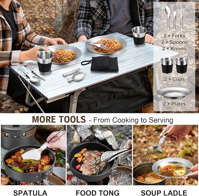18Pcs Camping Cookware Cooking Set, Joyfair Camp Mess Kit with Utensils | Nonstick Pan,Pot,Kettle,Grill Grate, Outdoor Portable Backpacking Gear Openfire Accessories Essentials, Compact&Lightweight