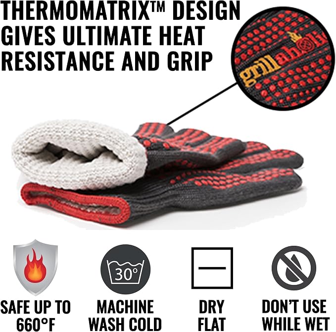 Grillaholics Heat Resistant BBQ Grill & Oven Gloves | Rated to 660ºF | Silicone Grip | Aramid 1313 | Kevlar Insulated Fibers | Comfy Cotton Lining