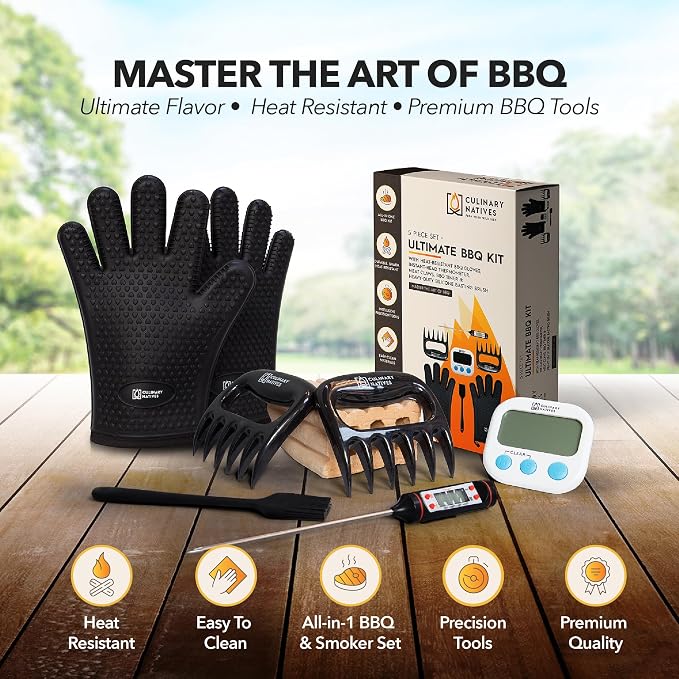 Ultimate 5-Piece BBQ Gift Kit | Smoker Gloves, Meat Claws, Instant-Read Thermometer, Timer & Brush | No.1 Heatproof Silicone Smoker Mitts & Pulled Pork Claws for Barbecue, Grilling, Smoking, Shredding