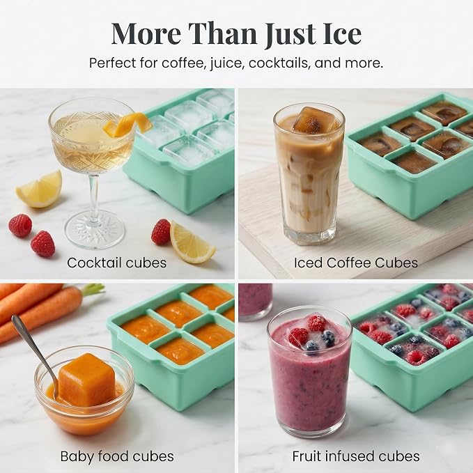 KitchFort® Large Silicone Ice Cube Tray (2-Pack), Easy Release 2" Big Ice Cubes - Cocktail, Whiskey Ice Cubes Mold - Ice Trays for Freezer with Lid - Stackable Silicone Ice Tray - Green