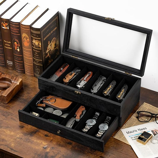 Knife Display Case, 2-Layer Pocket Knife Case Display & Storage Knives, Solid Wood Knife Case for Collections, Gift for Boyfriend Fathers Day Birthday Gifts(Black)
