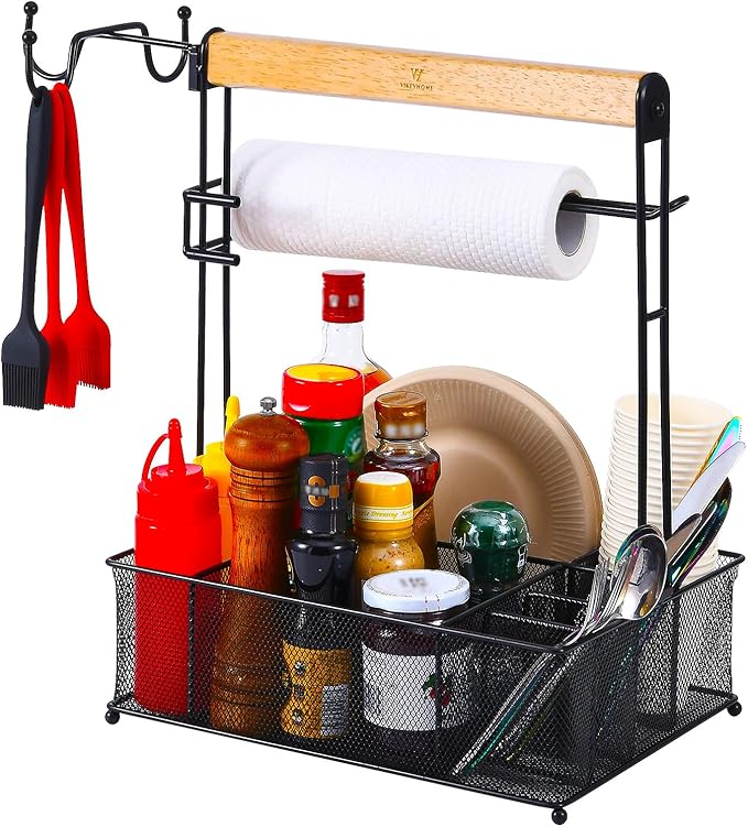 VIKEYHOME Grill Caddy, Picnic BBQ Organizer for Camping | Outdoor Mesh Basket with 3 Hanging Hooks and Paper Towel Holder, Ideal Table Storage Tools for RV Camper/Tailgating/Flatware