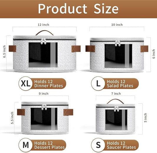 4-Piece Set China Storage Containers, Dish Storage with Clear Windows, Hard Shell Plate Storage Containers with Handles, Stackable Sturdy Dish Packing Supplies for Moving & Protection, Light Gray