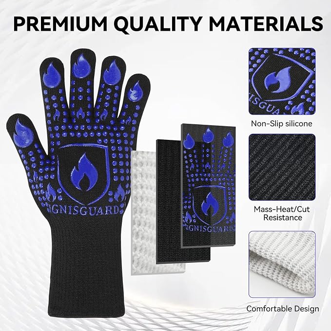 BBQ & Grill Gloves, Oven Gloves, 1472°F Silicone Oven Mitts Heat Resistant Grilling Gloves Fireproof Non-Slip for Barbecue Cooking Baking Smoking, 1-Pair (Blue, Large)