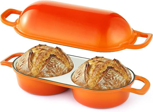 Double Dutch Oven for Bread Baking - Enamel Cast Iron Double Dutch Oven with Two 16.5cm Round Loaf Spaces, 500°F Heat Safe, Lid Skillet, Ideal Sourdough Bread Pan