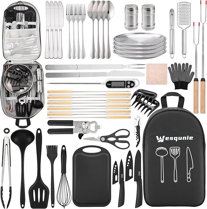 Wesqunie Camping Cooking Utensils Set, Cookware Set for Outdoor Hiking BBQ | Stainless Steel & Silicone Mess Kit, Durable Outdoor Kitchen Gear for Hiking, RV, Picnic Grill & Travel Camping Meal Prep