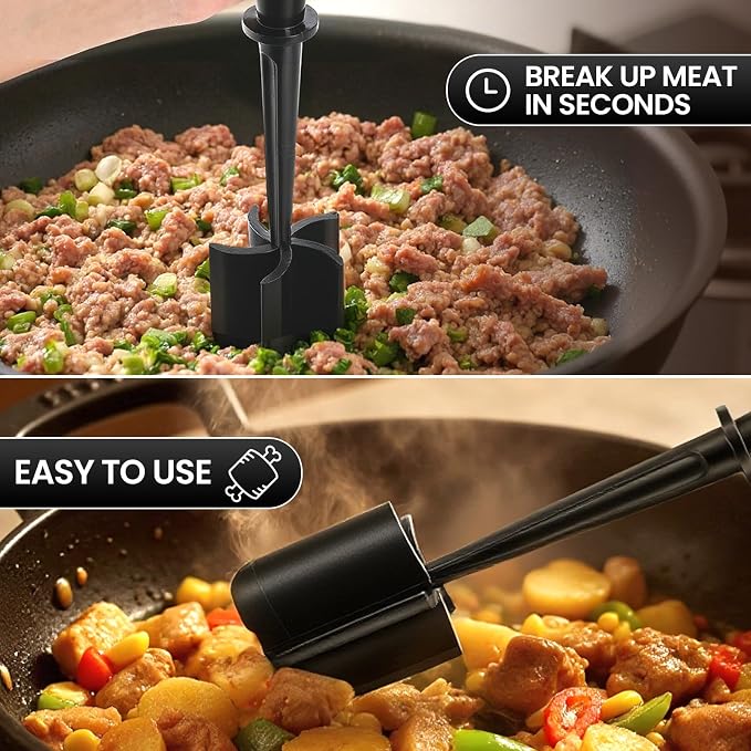 CUNSENR Premium Meat Chopper - 5 Curve Blade Ground Beef Smasher Tool - Heat-Resistant Nylon Meat Masher for Ground Beef, Hamburger, Potatoes - Non-Stick Ground Meat Chopper for Easy Mixing - Black