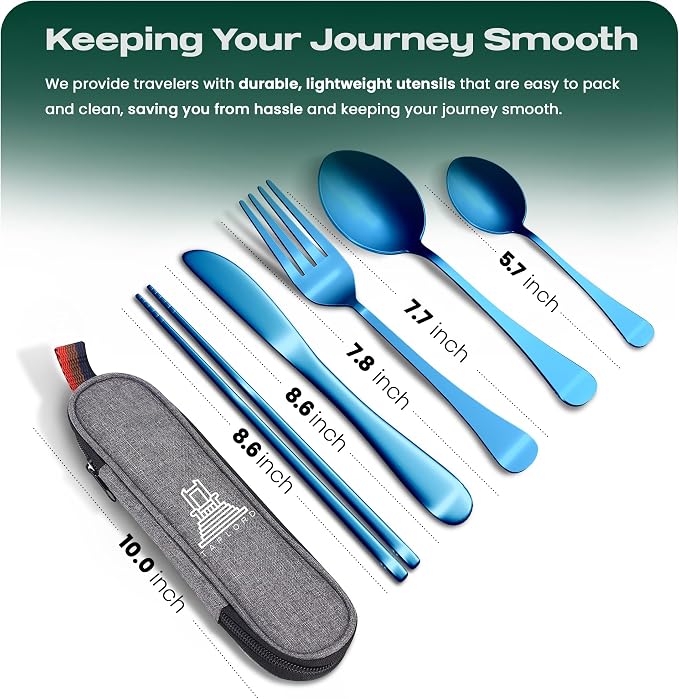 Taplord Portable Travel Silverware Set With Case, Includes 5 Pcs of Travel Utensils With Case, Stainless Steel Flatware Set For Camping, Easy to Travel, Lightweight (Blue)