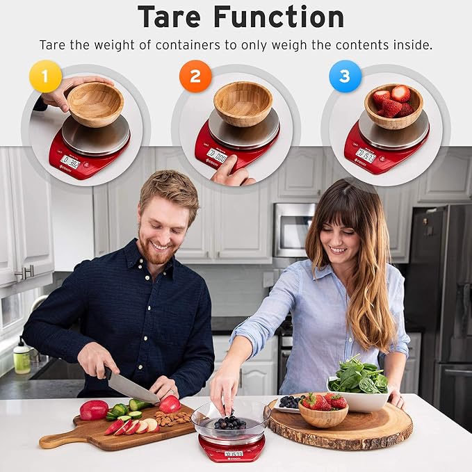 Etekcity Food Kitchen Scale with Bowl, 0.1g, Grams and Ounces | 11lb/5kg capacity with tare, removable bowl, ideal for baking, coffee, meal prep and portion control, Stainless Steel, Red