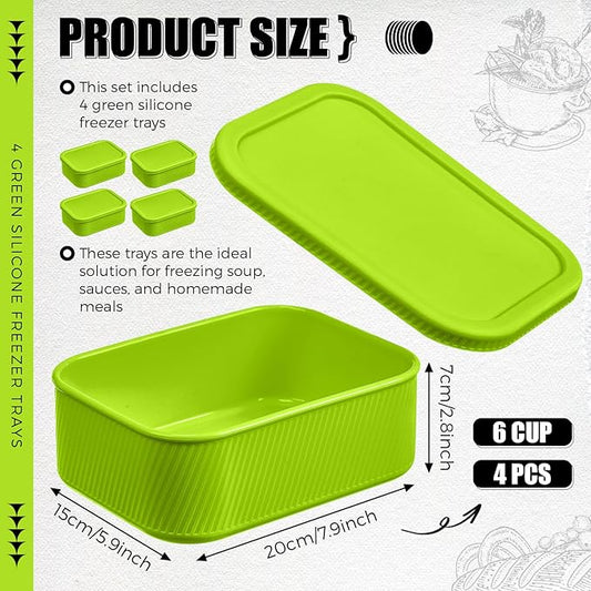 Nuogo 4 Pcs 6 Cup Silicone Freezer Trays with Lid Soup Containers Reusable Freezer Silicone Molds Rectangle Containers Ice Trays for Soups Sauces Stews Curries, Green