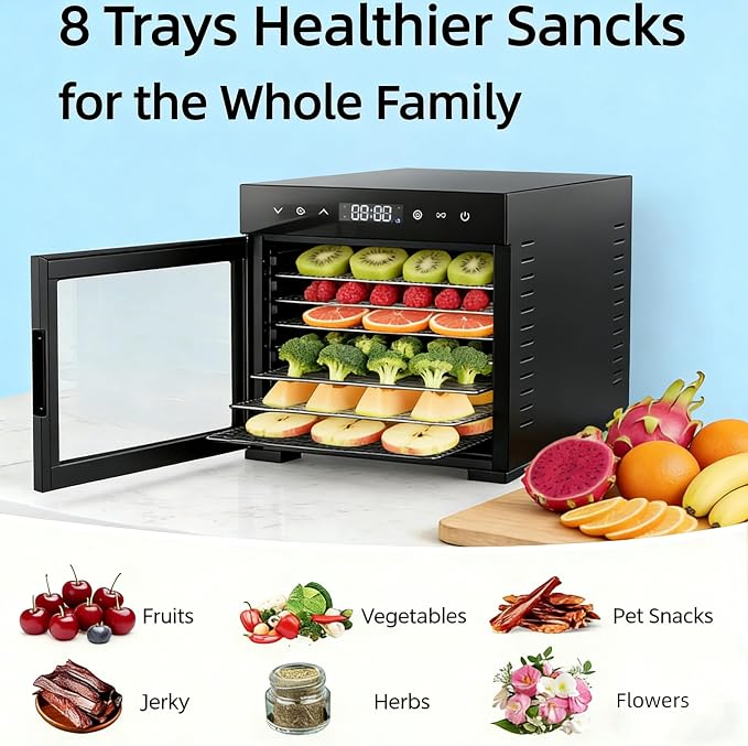 Simple Deluxe Food Dehydrator Machine, Fruit Dryer Machine with 8 Stainless Steel Trays, 24H Digital Timer 185°F Temperature Control, 500W Food Dryer for Jerky Meat Herb Fruit and Dog Treat, Black