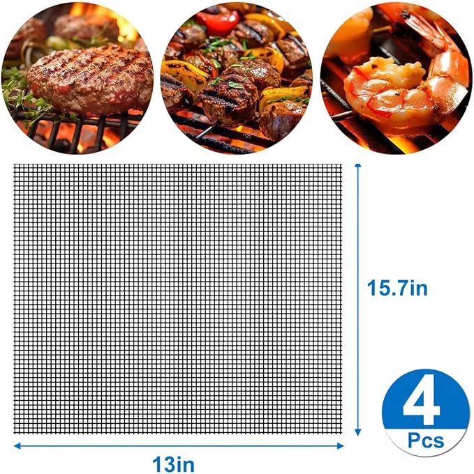 GWHOLE Non-Stick BBQ Grill Mesh Mat Set of 4, Reusable BBQ Grill Accessories Grilling Mesh Sheet for Outdoor Grill Cooking Baking Barbecue, 15.7" x13"