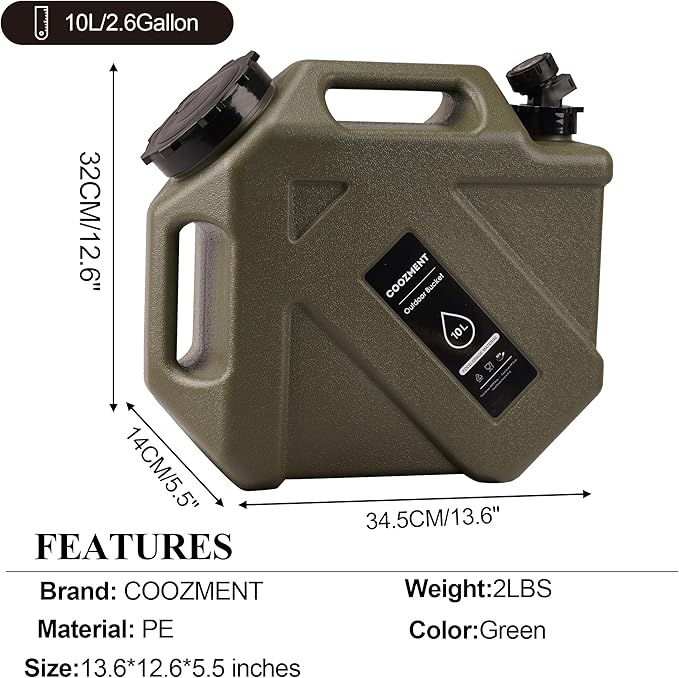 COOZMENT 3.2 Gallon/5 Gallon Water Containers with Spigot, BPA Free Water Jug, Military Green Water Tank, Multifunction Water Storage Containers for Camping Outdoor Hiking,Emergency Storage