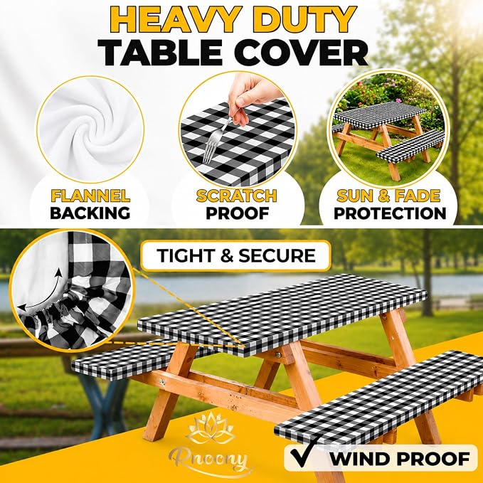 Vinyl Fitted Picnic Table Cover with Bench Covers & Bag 6ft Black Checkered | Rnoony Outdoor Waterproof, Windproof Tablecloth with Elastic Edges. Camping RV Gear Campers Must Have 72x30 Inches