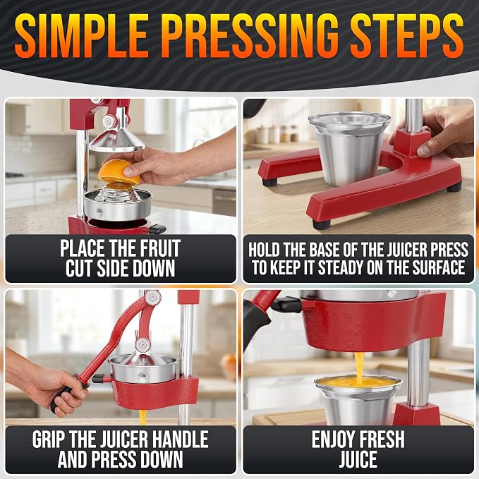 Cast Iron Juicer Hand Press, Heavy-Duty Squeezer, 304 Stainless Steel Bowl – One Pull Extracts Full Juice – Manual Citrus Press Juicer & Orange Squeezer for Lemon, Lime & Lemonade at Home Bar (Red)