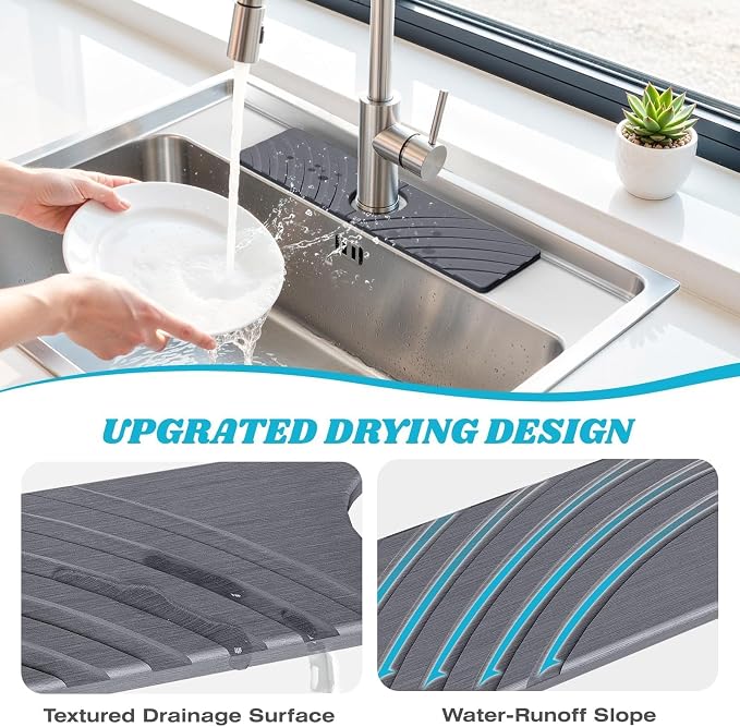 SpaceHacks Stone Faucet Mat for Kitchen Sink - Fast Drying Diatomite Stone Drying Mat, Textured Drainage Sink Protector, Water Splash Guard with Base Pads for Bathroom Counter (15.7x4 in, Dark Gray)