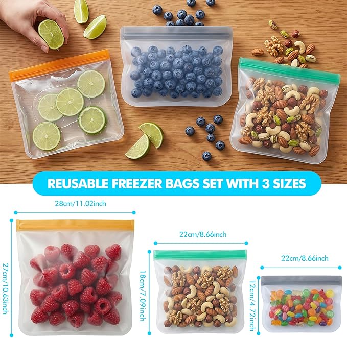 20 Pack Reusable Silicone Food Storage Bags, Reusable Snack Bags Freezer Bags Leakproof BPA Free Food Storage Contaizers, Gallon Sandwich Bag for Meal Prep Fruit Lunch Meat Veggies Blue